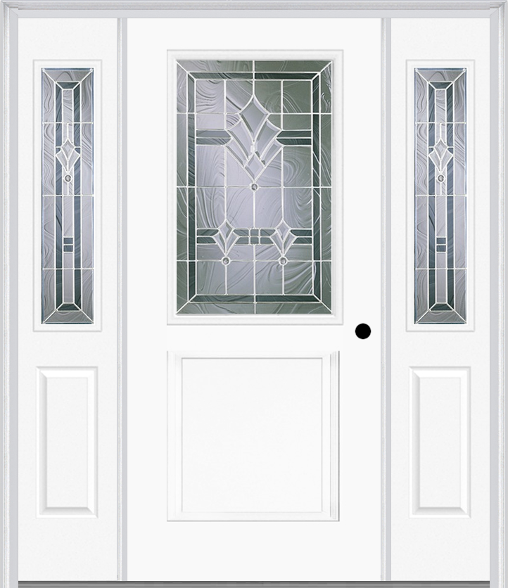 MMI 1/2 Lite 1 Panel 6'8" Fiberglass Smooth Radiant Hues Nickel Exterior Prehung Door With 2 Half Lite Radiant Hues Nickel Decorative Glass Sidelights 682